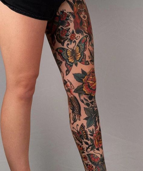 Traditional Tattoo Leg Sleeve, Traditional Thigh Tattoo, Traditional Tattoo Woman, Tattoos 2024, Tattoo Artist Tattoo, Traditional Tattoo Inspiration, Panda Tattoo, Tattoo Concepts, Traditional Sleeve