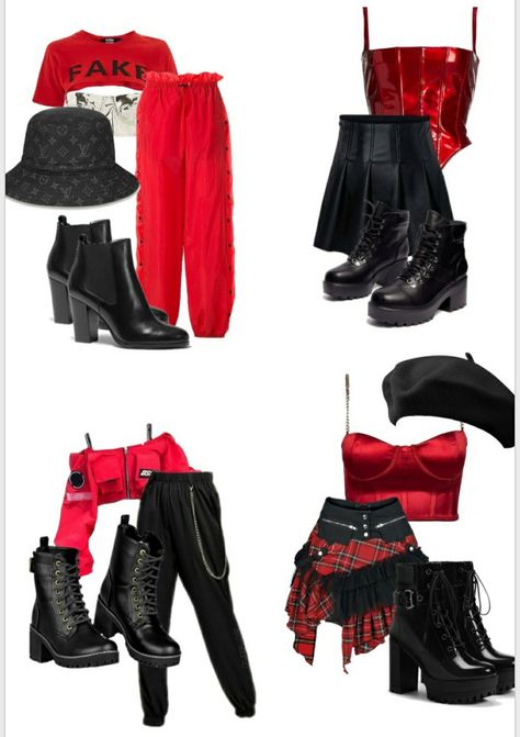 Red And Black Outfits For Concert, Red Black Kpop Outfit, Red Kpop Concert Outfit, Dancing Outfits Kpop, Black And Red Stage Outfit, Red And Black Dance Outfit, Red And Black Outfits Concert, Red And Black Kpop Outfit, Kpop Red Outfit