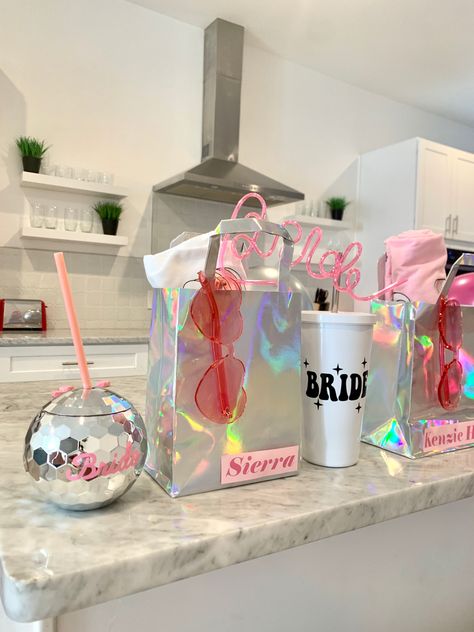 Disco Bachelorette Party Aesthetic, Disco Party Goody Bags, Cups For Bachelorette Party, Bachelorette Party Ideas Retro, Mirrorball Bachelorette Party, Bride Gift Bachelorette, Bachelorette Disco Cowgirl Theme, Last Disco Themed Bachelorette Party, Last Disco Hens Theme