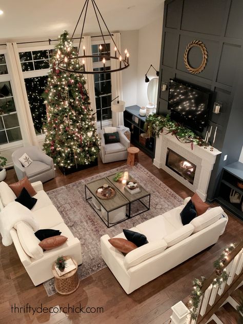 Our Warm and Welcoming Christmas Family Room Tour! | Thrifty Decor Chick | Thrifty DIY, Decor and Organizing Tall Ceiling Living Room Christmas Tree, Modern Farmhouse Living Room Christmas, Cozy Two Story Living Room, Living Room Big Family, Brown Living Room Christmas Decor, Christmas Family Room Ideas, Vaulted Ceiling Living Room Christmas Tree, Christmas Tree In Middle Of Living Room, Christmas House Interior Living Rooms