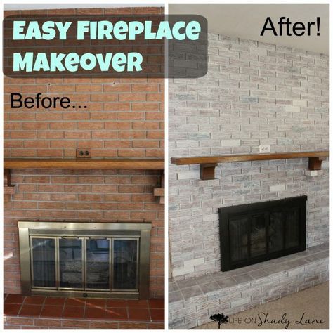 Whitewashed Fireplace Makeover, Easy DIY Whitewashed Fireplace, White Wash Fireplace, White Wash Brick Fireplace, Fireplace Redo, Diy Fireplace Makeover, Fireplace Update, Brick Fireplace Makeover, White Wash Brick, Home Remodeling Diy