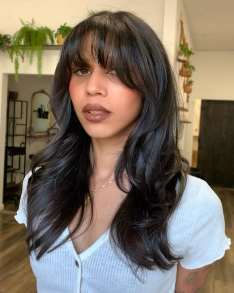 ★･:*☆ RYENNE SNOW★･:*☆ on Instagram: “We gave her some wispy bangs + a face frame and layers 🌚 #layers #layeredhaircut #haircut #fringebangs #bangs #covinahairstylist…” Long Hair Bangs Long Face, Medium Hair With Layers And Wispy Bangs, Foxy Layered Hair, Rounded Layers With Bangs, Full Bangs With Face Framing Layers, Layered Front Bangs, Long Layers With Face Framing Pieces Thick Hair, Bangstyle Hair Long Round Face Wispy, Layers With Bangs Long Hair