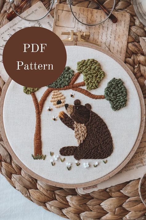 Embroidery Pattern Hand Embroidery Pattern Bear Embroidery - Etsy Australia Bear Embroidery Pattern, Animal Embroidery Patterns, Spring Embroidery, Beginner Embroidery, Bear Embroidery, Embroidery Diy, Animal Embroidery Designs, Honey Bear, Animal Embroidery