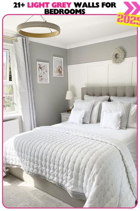 Soft grey bedroom with white bedding, creating a peaceful, refreshing space. Neutral tones enhance serenity and keep it inviting. Grey Wall Ideas, Light Gray Headboard Bedroom, Soft Grey Bedroom, Grey Headboard Bedroom, Light Pink Bedrooms, Retreat Design, Light Gray Bedroom, Grey Bedroom Ideas, Ideas For Bedrooms