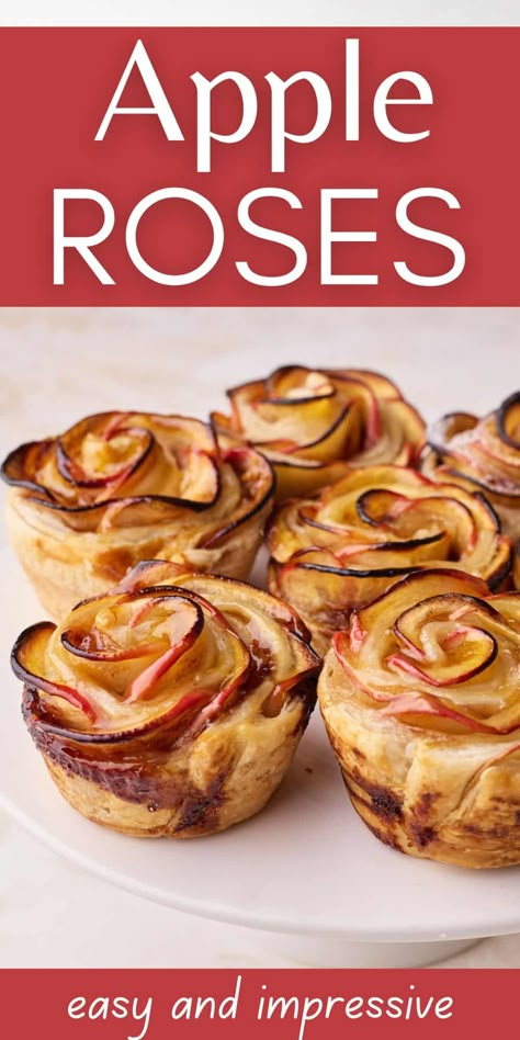 This easy apple roses recipe shows you how to make beautiful rose-shaped pastries with puff pastry, red apples and cinnamon sugar. Step by step tutorial with pictures to show you how to easily make this impressive dessert recipe which is the perfect holiday dessert or as a gift for Valentine's Day or Mother's Day. Make these gorgeous apple roses puff pastry recipe today! Apple Rose Tartlets, Apple Philo Recipes, Christmas Puff Pastry Desserts, Apple Puff Pastry Recipes, Apple Roses Puff Pastry, Apple Roses Recipe, Baked Apple Roses, Apple Recipes With Puff Pastry, Easy Puff Pastry Desserts