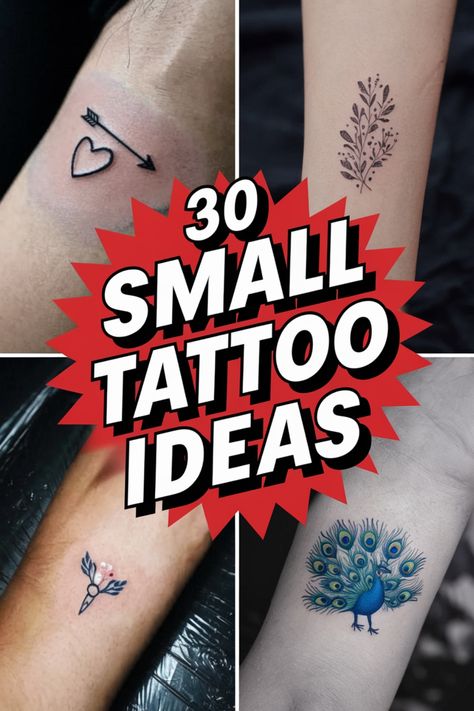 "30 small tattoo ideas displayed with examples including a heart, plant, arrow, and peacock designs" Tattoo Size Chart Inches, Tiny Tatooes, Tiny Cute Tattoos, Small Tattoo Placement Ideas, Unique Tattoos With Meaning, Tattoos Big, Minimalist Symbols, Small Traditional Tattoo, Tiny Tattoos With Meaning