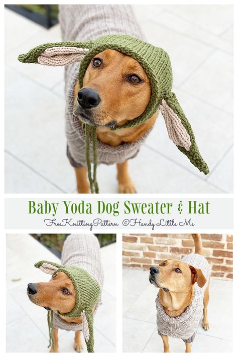 Baby Yoda Dog Sweater & Hat Free Knitting Pattern Dog Sweater Pattern Knit, Dog Snood Crochet Pattern Free, Dog Beanie Pattern, Crochet Dog Hat Free Pattern, Baby Yoda Pattern, Knitting Patterns For Dogs, Sweater Free Knitting Pattern, Snood Knitting Pattern, Crochet Pets