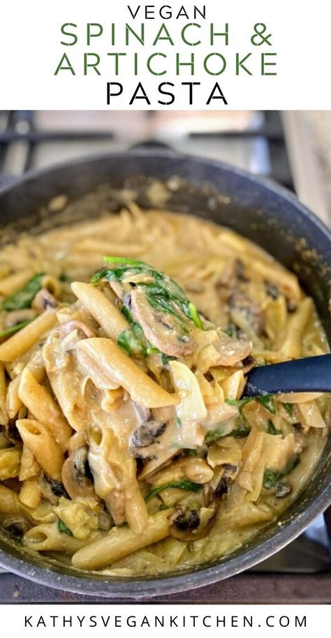 Spinach And Artichoke Pasta, Spinach Artichoke Pasta, Artichoke Pasta, Vegan Pasta Recipes, Artichoke Recipes, Pasta Dinner Recipes, Fresh Spinach, Vegan Comfort Food, Spinach Artichoke