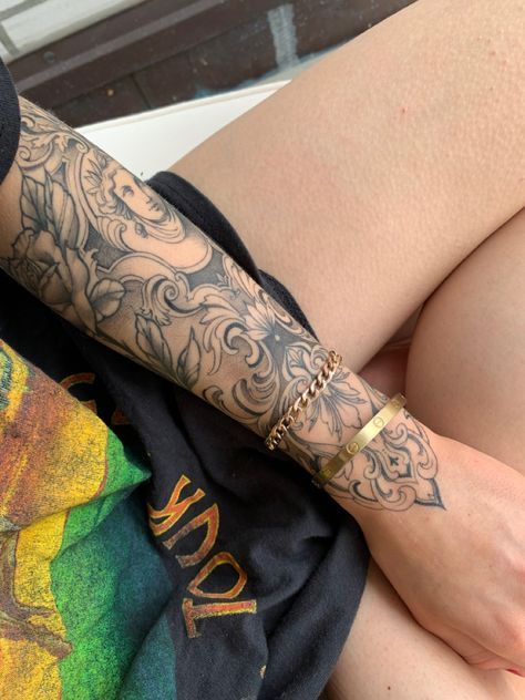 Wrist Onto Hand Tattoo, Joie Chavis Tattoo, Ornamental Tattoo Design Sleeve, Tattoos Meaning Love, Detailed Sleeve Tattoos, Hand And Arm Tattoos For Women, Salvadorian Tattoo, Unique Tattoo Sleeve, Top Of Arm Tattoo