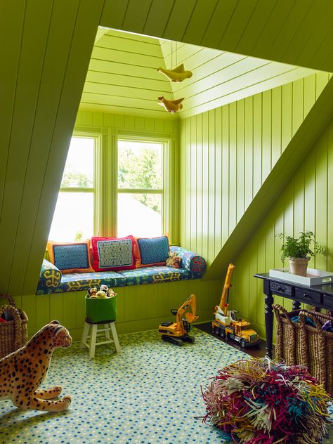 Larchmont Victorian - ROBIN HENRY Attic Decorating Ideas, Attic Playroom Ideas, Attic Design Ideas, Comfy Reading Chair, Cozy Ideas, Attic Ideas, Finished Attic, Attic Playroom, Guest Bedroom Design