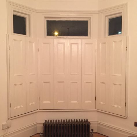 Reclaimed Wood Victorian 3/4 shutters. Primed and Painted. Bay Window Fitting. Shutters Bay Window, Highbury London, Shutters Indoor, Best Doll House, Bay Window Shutters, Victorian Toilet, Interior Window Shutters, Diy Shutters, Interior Shutters