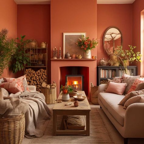 Wall Colours For Small Living Room, Sand Living Room Walls, Color To Paint Living Room Ideas, Pale Terracotta Living Room, Terrocata Living Room, Orange Walls Living Room Decor, Living Room Designs Terracotta, Clay Colored Walls Living Rooms, Terracotta Wall Color Living Room