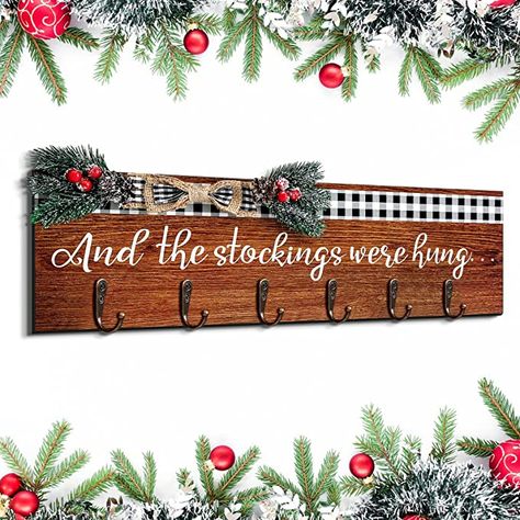 Cricut Christmas Projects Wood Signs, Stocking Holder Board, Christmas Stocking Shelf, Farmhouse Stocking Holder, Wall Stocking Holder, Stocking Wall Ideas, Christmas Stockings Hanging Ideas, Multiple Stocking Display, Stocking Holder Ideas No Mantle