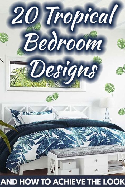 20 Tropical Bedroom Designs [And How To Achieve The Look]. Article by HomeDecorBliss.com #HDB #HomeDecorBliss #homedecor #homedecorideas Carribean Bedroom Ideas, Tropical Inspired Bedroom, Tropical Bedroom Ideas Caribbean, Modern Tropical Bedroom, Bedroom Tropical Style, Tropical Bedroom Ideas, Grey And White Comforter, Tropical Bedroom Decor, Tropical Bedding