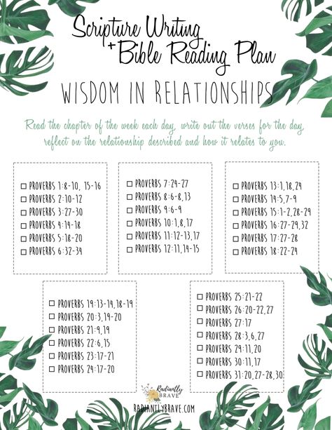 Wisdom in Relationships: Scripture Writing + Bible Reading Plan – Radiantly Brave Proverbs Reading Plan, Scripture On Relationships, Bible Plans For Couples, Marriage Bible Study Plan, Scripture For Relationships, Couple Bible Study Plan, Bible Reading Plan For Couples, Couples Bible Study Plan Dating, Bible Studies For Couples