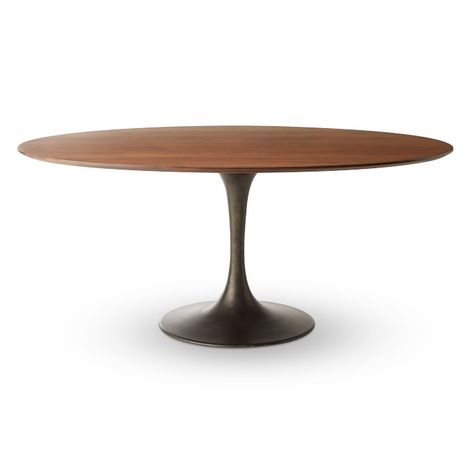 Tulip Pedestal Oval Dining Table, Aged Bronze Base, Walnut Top | Williams Sonoma Oval Tulip Table, Williams Sonoma Furniture, Oval Tulip Dining Table, Dining Table Oval, Luxurious Dining Table, Harvest Dining Table, Formal Dining Room Sets, Teen Hangout, Tulip Dining Table