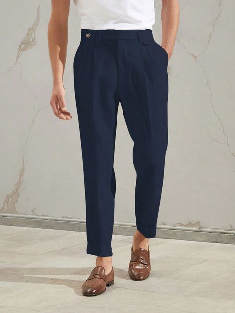 Navy Blue  Collar  Fabric Plain  Embellished Slight Stretch  Men Clothing Dark Blue Pants Outfit Men, Navy Pants Outfit Men, Dark Blue Pants Outfit, Blue Trousers Outfit Men, Navy Blue Pants Outfit, Blue Trousers Outfit, Navy Pants Outfit, Trousers Outfit Men, Blue Pants Outfit