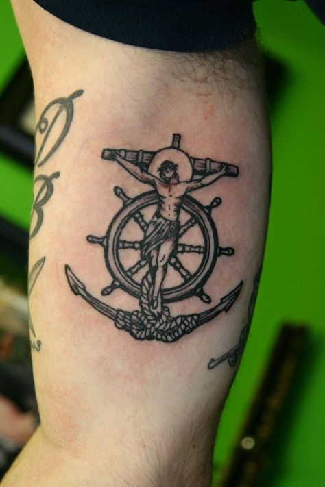 Ship Wheel Tattoo, Jesus Tattoo Design, Navy Tattoos, Tattoo Cross, Wheel Tattoo, Anchor Cross, Small Chest Tattoos, Tattoos Inspiration, Anchor Tattoos