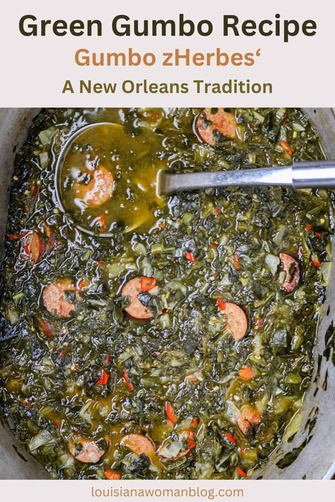 Gumbo z'Herbes (sometimes called green gumbo) is a popular New Orleans dish with a dark roux, smoked meat, and different greens. Its original intent was a meatless gumbo served during the Lenten season, and it is now a rich southern Louisiana tradition of cooking. Minus the meat, it's a perfect meal for Ash Wednesday, holy Thursday, and good Friday. It also suits vegetarian and vegan diets. Green Gumbo, Gumbo Recipe Okra, Classic Cajun Recipes, Different Greens, Dark Roux, Louisiana Woman, Southern Louisiana, Holy Thursday, Lenten Season