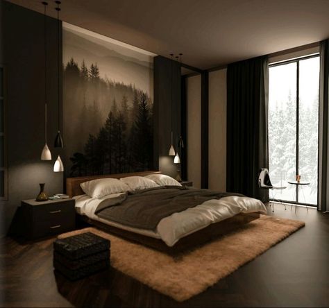 Dark Walls Small Bedroom, Male Master Bedrooms Decor, Black And Dark Brown Bedroom, Brown And Black Bedroom Ideas, Bedroom Male, Male Bedroom Decor, Male Bedroom, Male Bedroom Ideas, Cozy Bedroom Design