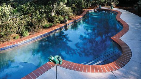 What’s New Poolside? Great Coping Strategies Brick Pool, White Deck, Brick Material, Swimming Pool Landscaping, Brick Tile, Red Tiles, Pool Coping, Pool Construction, Brick Pavers