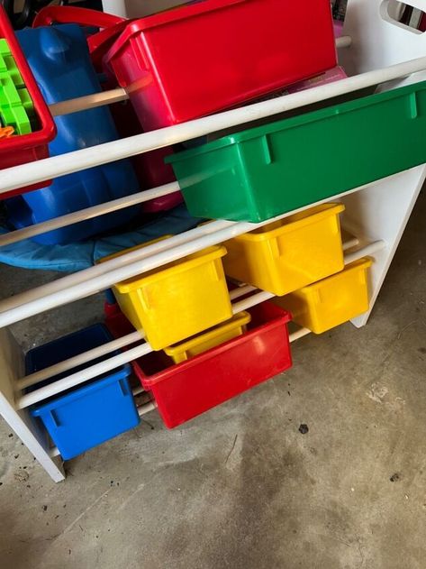 Repurpose Toy Bin Organizer, Spray Painting Plastic Bins, Spray Paint Plastic Bins, How To Paint Plastic Containers, Painting Plastic Bins, Kid Storage, Upcycle Toys, Toy Organization Diy, Toy Bin Organizer