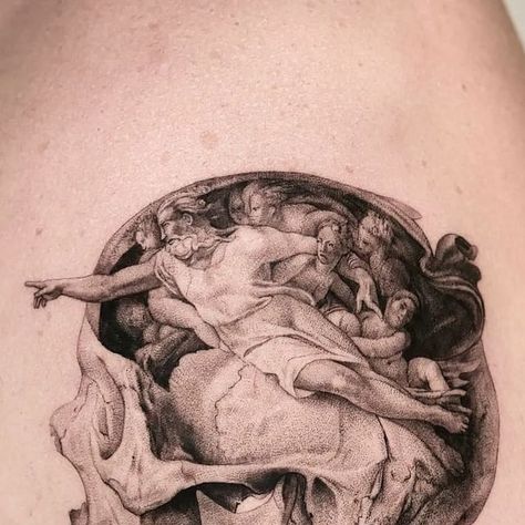 Thommesen Ink on Instagram: "One of my all time favorites ❤️
.
The greater danger for most of us lies not in setting our aim too high and falling short; but in setting our aim too low, and achieving our mark.
-Michelangelo Buonarrot
.
That piece was a huge challenge. I loved every minute.
.
Thanks for choosing such a rad design!! Love my customers.
.
#tattoo #blackwork #fineline #singleneedle #3rl #michelangelo #fresco #painting 
#creationofadam #god #skull #inside #sistine #chapell #viennatattoo #vienna #truecanvas #wientattoo" Sistine Chapel Tattoo, Michael Angelo Painting, Michelangelo Tattoo, Fresco Painting, Painting Tattoo, Sistine Chapel, Caravaggio, Blackwork, Vienna