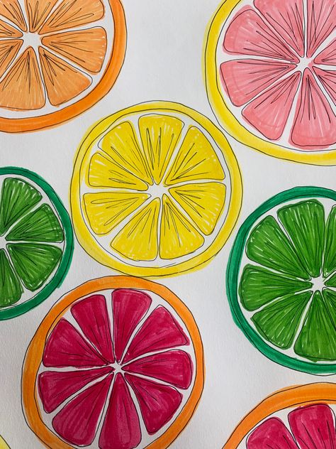 citrus, drawing, blood orange, lime, orange, grapefruit, markers, fruit, coloring Citrus Fruits Drawing, Citrus Fruit Drawing, Limes Drawing, Grapefruit Drawing, Citrus Drawing, Fruit Drawings, Orange Drawing, Diy Shrink Plastic Jewelry, Marker Ideas