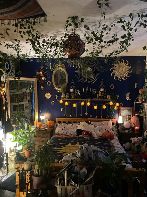 My new room! Cool Painted Walls Bedroom, Room Ideas Whimsical, Bedroom Wall Purple, Moon And Sun Bedroom Ideas, Blue Whimsigoth Room, Comfortcore Aesthetic, Room Inspo Purple Walls, Whimsigoth Decor Bedroom, Coraline Bedroom Aesthetic