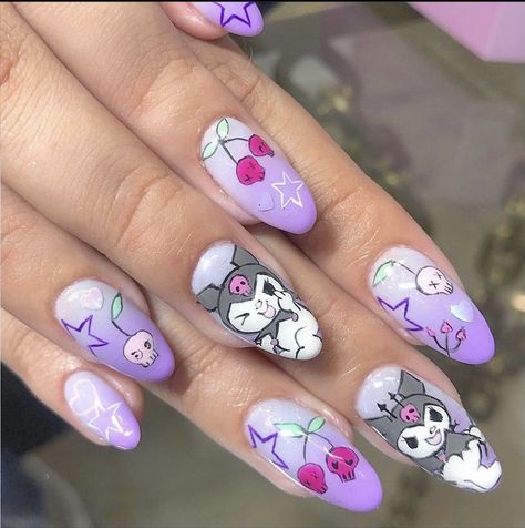 Kuromi Nails For Kids, Kuromi Nails Acrylic Short, Kuromi Short Nails, Short Sanrio Nails, My Melody And Kuromi Nails, Kuromi Nails Short, Kuromi Acrylic Nails, Uñas Kuromi, Kuromi Nail Art