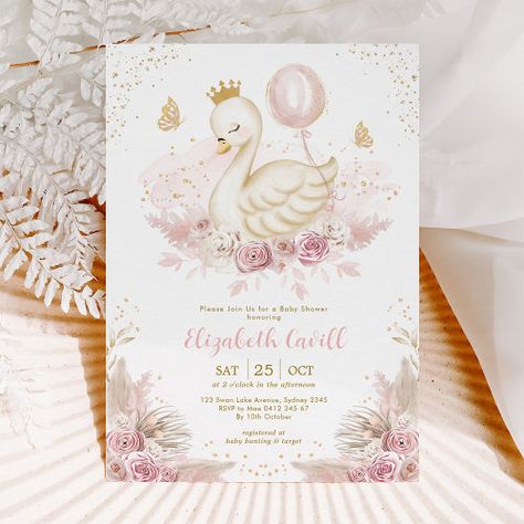 $3.08 - Soft Blush Swan Princess with Balloon Baby Shower - watercolor roses, girly whimsical feminine delicate, swan princess, swan baby shower, girl baby shower, swan theme, soft blush balloon, boho dusty pink floral, gold glitter butterflies Princess Balloon, Swan Baby Shower, Glitter Butterflies, Princess Balloons, Blush Balloons, Gold Swan, Butterfly Invitations, Theme Soft, Balloon Birthday Party