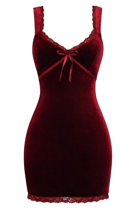 Romantic lace trim brings an element of sweetness to this velvet cocktail dress featuring an open back. Ties at back; hidden back-zip closure Deep V-neck Sleeveless Stretch lining 92% polyester, 8% elastane Dry clean Imported Dark Red Sparkly Dress Short, Short Red Satin Dress, Dresses For Me, Red Sparkly Dress Short, Romantic Goth Dress, Coca Cola Dress, Night Dress Short, Body Fit Dress, Short Maroon Dress