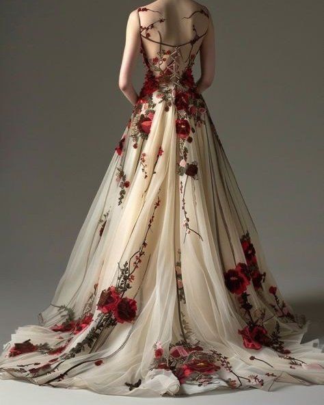 Red Black And White Wedding Dress, Flowy Flower Wedding Dress, Dark Floral Gown, Deep Red Wedding Dress, Flowery Wedding Dress, Burgundy Wedding Dress, Guest Wedding Dresses, Haute Couture Bridal, Vestido Charro