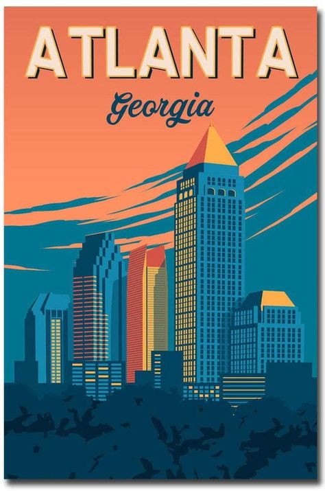 Atlanta Georgia Travel Vintage Art Refrigerator Magnet Size 2.5" x 3.7" Atlanta Travel, Atlanta Art, Atlanta City, Atlanta Skyline, Travel Poster Design, Travel Vintage, Georgia Travel, Retro Travel Poster, Travel Wall Art