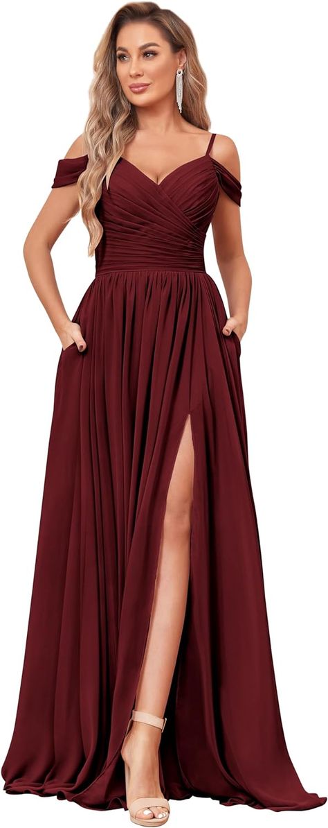 Off The Shoulder Bridesmaid Dresses, Photoshoot Women, Party Reception, Unique Pockets, Affordable Bridesmaid Dresses, Engagement Ceremony, Burgundy Bridesmaid Dresses, Wedding Pins, Chiffon Ruffle