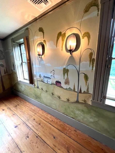 Primitive Wallpaper, Wall Stenciling, Painted Mural, Wall Murals Diy, Diy Mural, Interior Murals, American Primitive, Primitive Walls, Farm Paintings