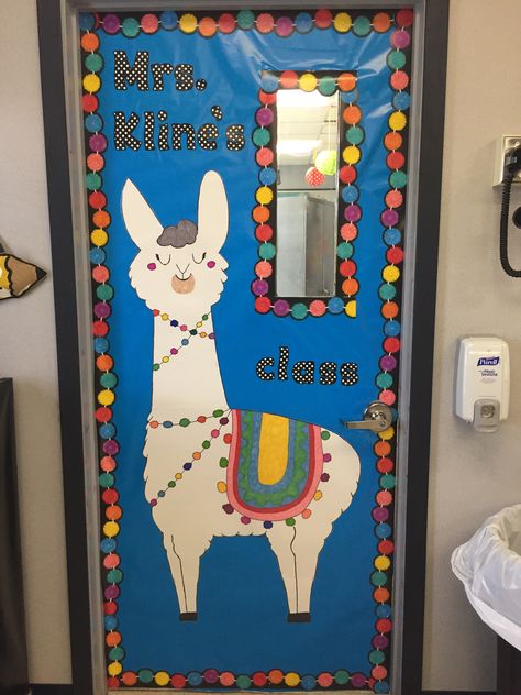 Llama door that my husband drew and my sister, Sarah, and nieces beautified! 💕 Llama Door Decorations Classroom, Llama Classroom Door Ideas, Llama Classroom, Llama Bulletin Board Ideas, Llama Classroom Theme, Spanish Classroom Decor, Llama Decor, Llama Christmas, Christmas Classroom Door