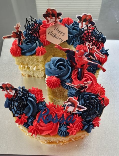 Spiderman Birthday Cupcake Cake, Marvel Number Cake, Number 3 Spiderman Cake, Spider Man Number Cake, Number 3 Cake For Boys, Spiderman Cookie Cake, Spiderman Desserts, Spiderman Number Cake, Spiderman Cupcakes Ideas