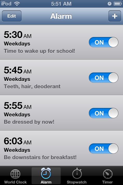 New plan to make sure my oldest is on time in the morning!!! Setting her iPod alarm clock to go off when she should be done with certain tasks! And the songs for the alarm match the task (breakfast is 'eat it' by weird al) :) World Clock, You Are Smart, Wake Up Call, Life Organization, Wake Up, Clock, Humor, Songs, How To Plan