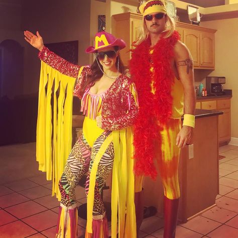 Couple's Costume 2017 Macho Man Randy Savage and Hulk Hogan Couples Costume Hill Family 80's costume Wrestling Hill Hogan Costume, Hulk Hogan Couples Costume, Wrestling Family Costumes, 90s Wrestlers Costumes, Family Wrestler Costumes, Wwe Couples Costumes, Hulk Hogan Costume Women, Wrestler Halloween Costume, Macho Man Randy Savage Costume