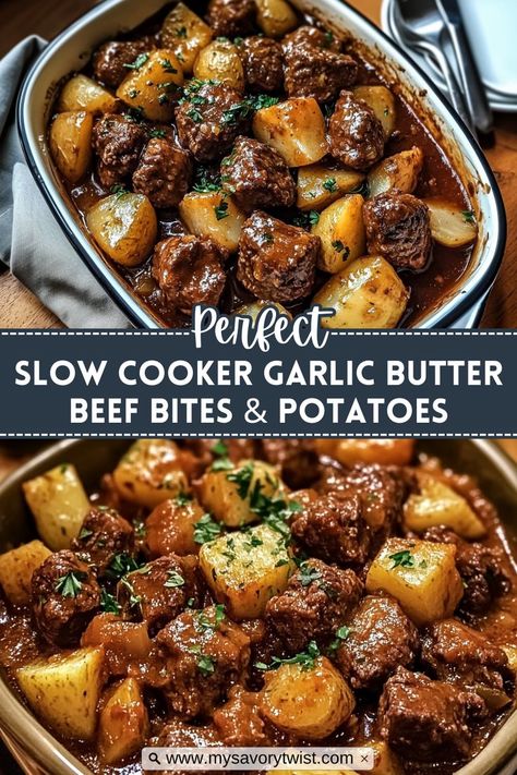 Tender beef bites and baby potatoes simmered in a rich garlic butter sauce. A flavorful and effortless slow-cooker lunch idea! : Slow Cooker Garlic Butter Beef Bites & Potatoes, Beef Carrots Potatoes Crockpot, Slowcooker Garlic Butter Beef Bites And Potatoes, Crockpot Meals Quick, Garlic Beef Tips And Potatoes Crock Pot, Slow Cooker Balsamic Garlic Beef Bites And New Potatoes, The Country Cook Slow Cooker Garlic Butter Steak Bites, Garlic Butter Beef And Potatoes, Crockpot Garlic Beef Tips