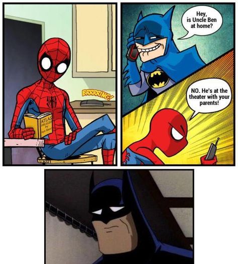 HAHAHA.... AAWWWW...... :/ - Imgur Batman Vs Spiderman, Prank Calls, Im Batman, Dc Memes, Marvel Vs Dc, Spiderman Homecoming, Batman Vs, Marvel Vs, Marvel Funny