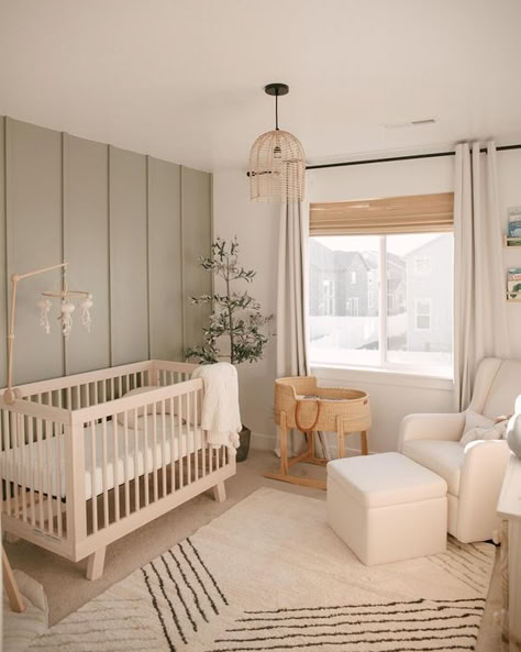 Natural Wood On Walls, Soothing Nursery Ideas, Sage Cream Nursery, Above Nursery Crib Decor, Storage Ideas For Houses With No Storage, Minimal Boho Nursery, Neutral Safari Nursery Artwork, Accent Wall With Window Nursery, Grey And White Accent Wall