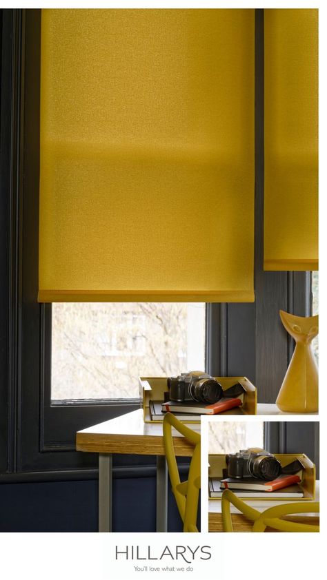 Gold Blinds, Yellow Blinds, Roller Blinds Kitchen, Office Work Space, Windows View, Office Blinds, Yellow Office, Charcoal Walls, Yellow Curtains