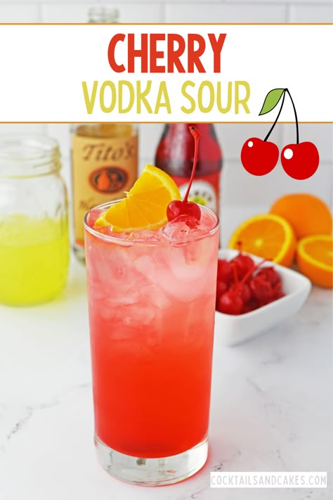 This Cherry Vodka Sour is an easy cocktail made with vodka, grenadine, and lemon-lime sour mix. Cherry Vodka Drinks, Vodka Sour Recipe, Titos Vodka Recipes, Cherry Vodka Sour, Cocktails Made With Vodka, Vodka Sour, Drink For Summer, Sour Drink, Alcoholic Punch Recipes