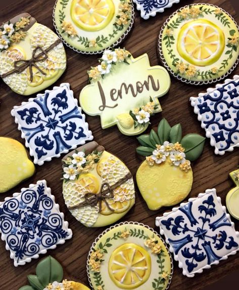 Italy Cookies Decorated, Lemon Cookies Decorated, Tile Cookies, Lemon Biscuits, Lemon Themed Bridal Shower, Cookies Cupcake, Flower Sugar Cookies, Teapot Cookies, Lemon Theme