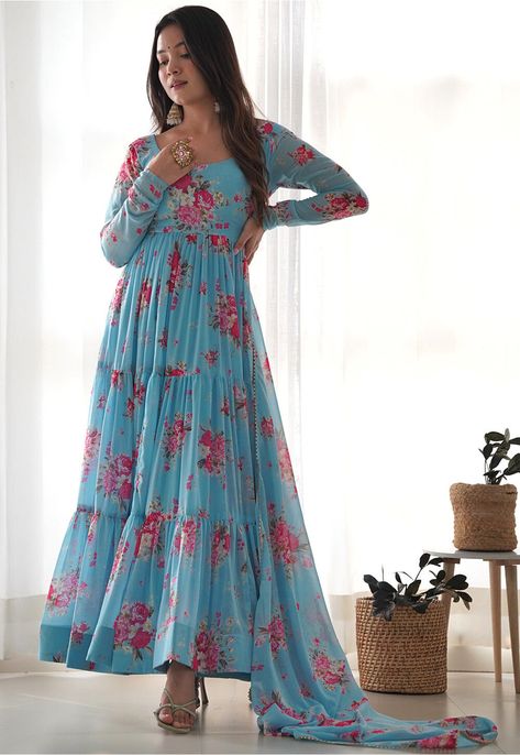 Floral Gowns Indian, Organza Anarkali Dress, Anarkali Dress Indian, Organza Anarkali, Churidar Sleeves, Bridal Anarkali, Anarkali Designs, Georgette Anarkali Suits, Patiyala Dress