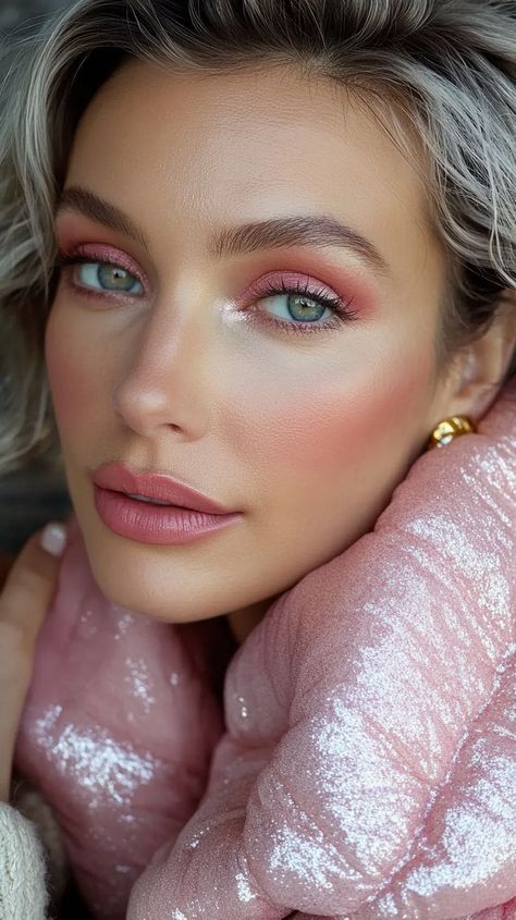 Pink Winter Makeup Looks, Makeup Trends 2025, 2024 Makeup Trends, Christmas Makeup Ideas Simple, Natural Christmas Makeup, Blurred Lips, Makeup Ideas Christmas, Makeup Ideas Simple, Holiday Makeup Ideas