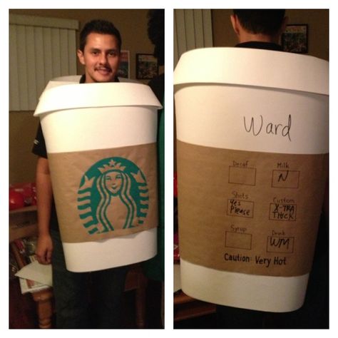 Starbucks cup costume. Used foam core, poster board, and hand painted the logo. #starbucks #costume Diy Halloween Costumes Starbucks, Starbucks Cup Costume Diy, Coffee Cup Halloween Costume, Starbucks Cup Costume, Starbucks Costumes, Pumpkin Spice Latte Costume, Coffee Cup Costume, Logan Costume, Starbucks Halloween Costume