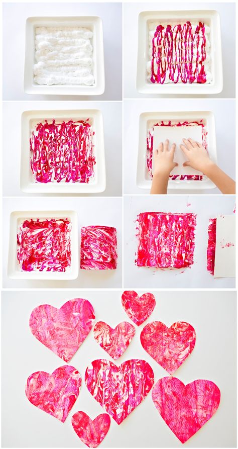 Valentine Shaving Cream Hearts. Fun process art project for kids to make handmade paper valentine prints, cards, garlands and favors! Valentines Day Art Projects For Toddlers, February Crafts For Kindergarten, Sculpture Dress, February Kindergarten, Valentines Bricolage, Valentine Art Projects, Art Project For Kids, February Crafts, Valentine's Day Crafts